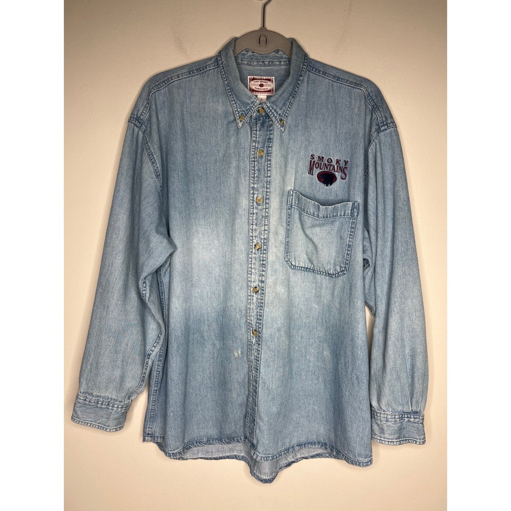 VTG Time Square Sportswear Smoky Mountains Denim Shirt Mens L Blue Light Wash